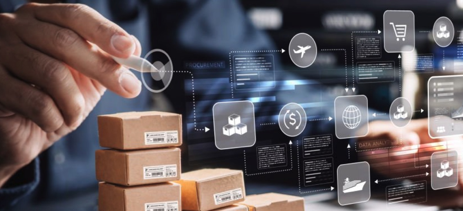 Supply chain digital: caixas com etiquetas e ícones de logística